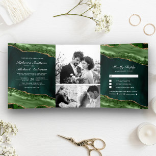 Emerald Green and Gold Agate Photo Collage Wedding Tri-Fold Invitation