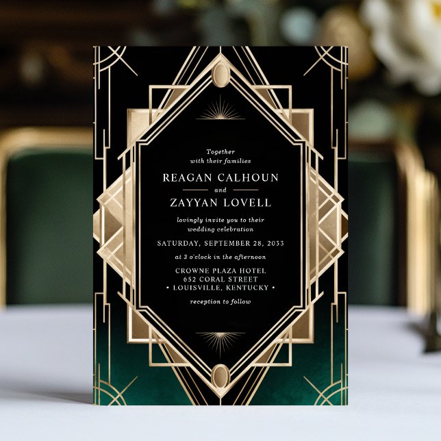 Emerald Green and Gold Art Deco Geometric Wedding Invitation (Creator Uploaded)