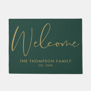 Emerald Green And Gold Custom Family Name Welcome Doormat