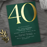 Emerald Green and Gold | Elegant 40th Birthday<br><div class="desc">Modern style 40th birthday invitations with heading "40" text in real metallic foil. Your event details are printed in matte white. Gold accents on emerald green.</div>