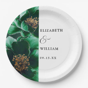 Emerald Green And Gold Elegant Floral Wedding Paper Plate
