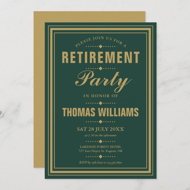 Emerald Green And Gold Elegant Retirement Party Invitation (Front/Back)