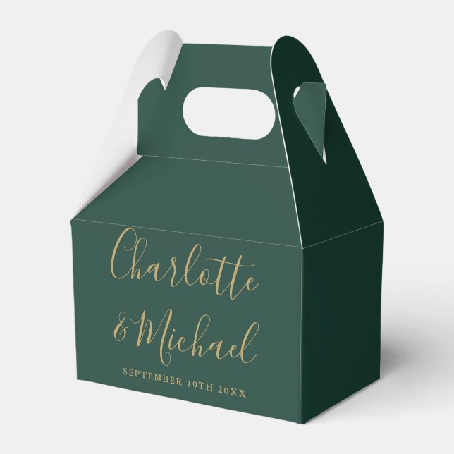 Emerald Green And Gold Elegant Script Wedding Favour Box (Front Side)