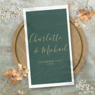 Emerald Green And Gold Elegant Script Wedding Napkin