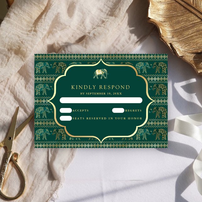 Emerald Green and Gold Elephant Indian Wedding RSVP Card (Creator Uploaded)