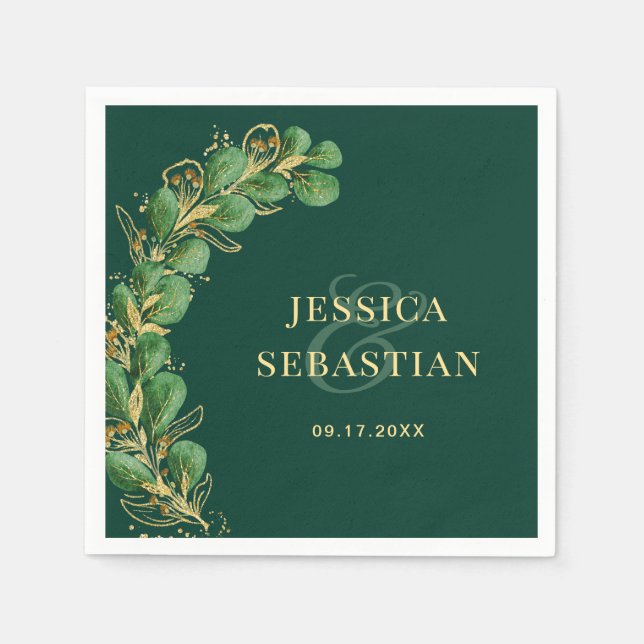 Emerald Green and Gold Eucalyptus Elegant Wedding Napkin (Front)