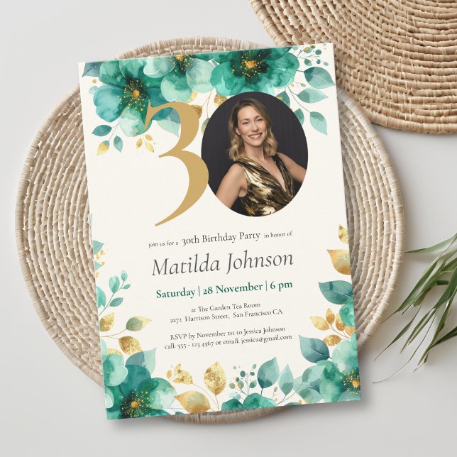 Emerald Green and Gold Floral 30th Birthday  Invitation (Emerald Green and Gold Floral 30th Birthday Invitation)