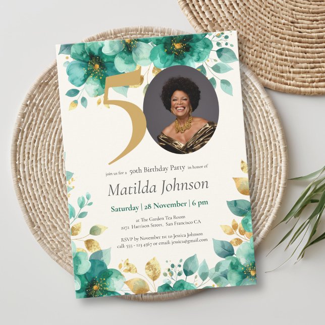 Emerald Green and Gold Floral 50th Birthday  Invitation (Emerald Green and Gold Floral 50th Birthday Invitation)