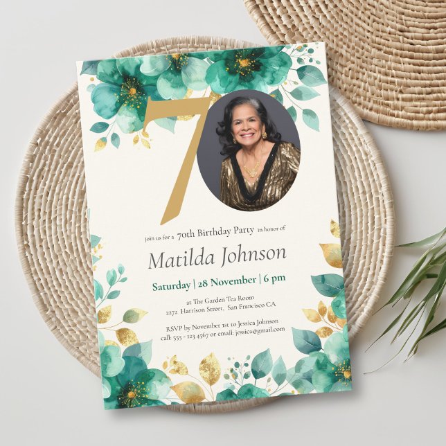 Emerald Green and Gold Floral 70th Birthday  Invitation (Emerald Green and Gold Floral 70th Birthday Invitation)