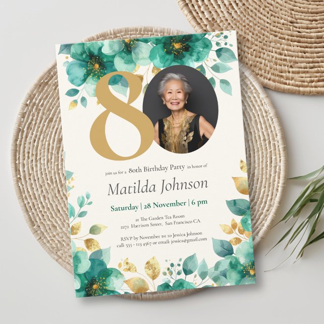 Emerald Green and Gold Floral 80th Birthday  Invitation (Emerald Green and Gold Floral 80th Birthday Invitation)