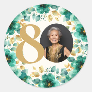 Emerald Green and Gold Floral 80th Birthday Party Classic Round Sticker