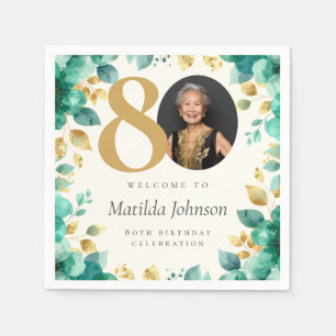 Emerald Green and Gold Floral 80th Birthday Party Napkin