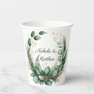 Emerald Green and Gold Floral Frame Wedding Paper Cups