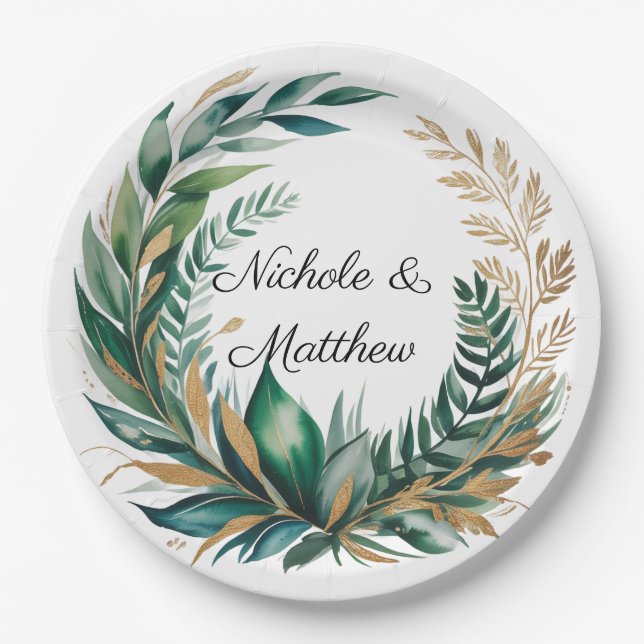 Emerald Green and Gold Floral Frame Wedding Paper Plate (Front)
