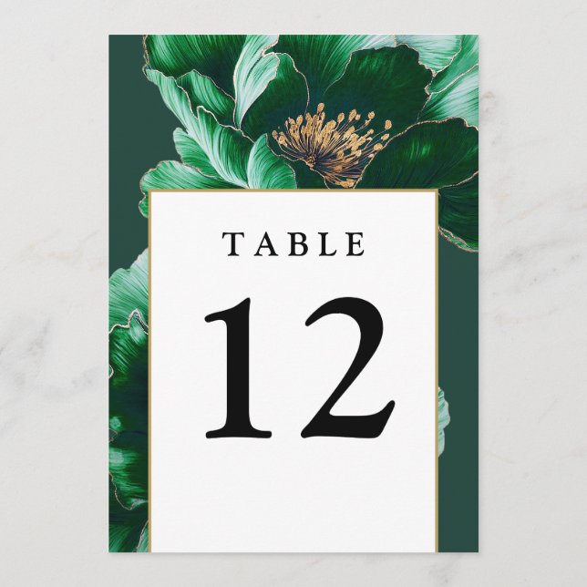 Emerald Green And Gold Floral Modern Table Numbers (Back)
