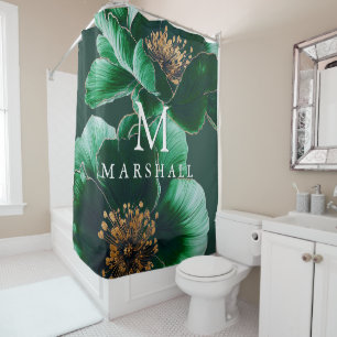 Emerald Green And Gold Floral Monogram Elegant Shower Curtain