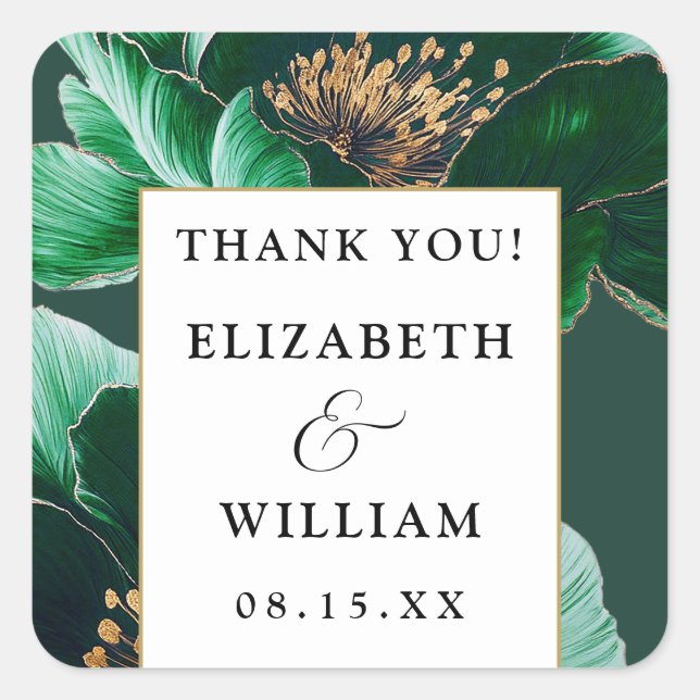 Emerald Green And Gold Floral Thank You Favour Square Sticker (Front)