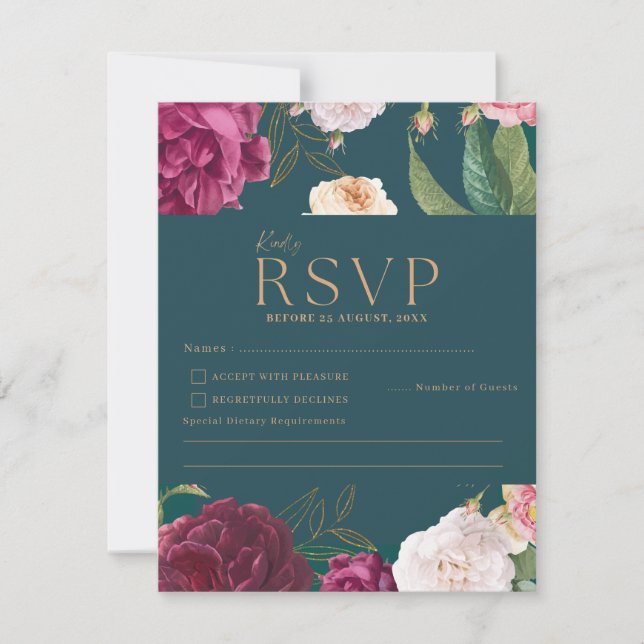  Emerald Green and gold Floral Wedding RSVP Card (Front)