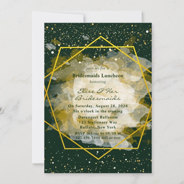 Emerald Green and Gold Geometric Bridesmaids Lunch Invitation (Front)