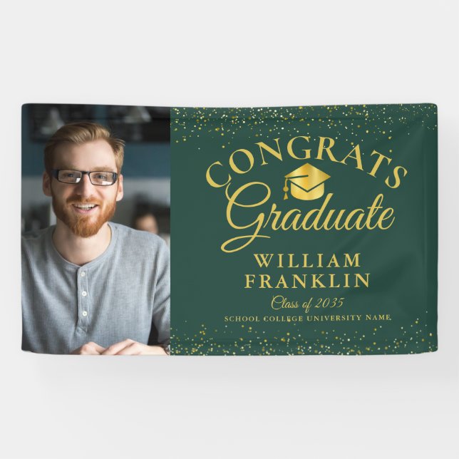 Emerald Green And Gold Glitter Photo Graduation Banner (Horizontal)