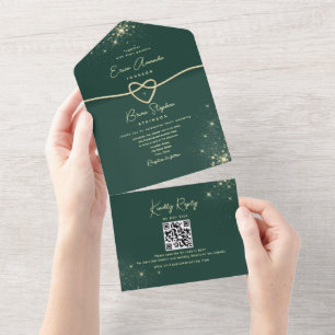 Emerald Green and Gold Glitter Wedding All In One Invitation