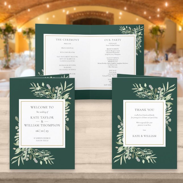 Emerald Green And Gold Greenery Foliage Wedding Programme (Creator Uploaded)