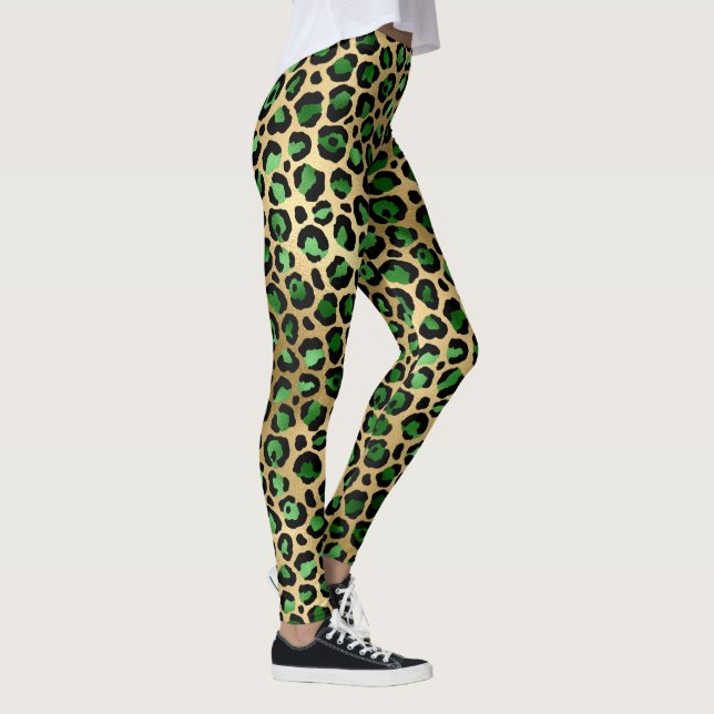 Emerald Green and Gold Leopard Print Leggings (Right)