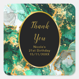 Emerald Green and Gold Marble Agate Birthday Party Square Sticker