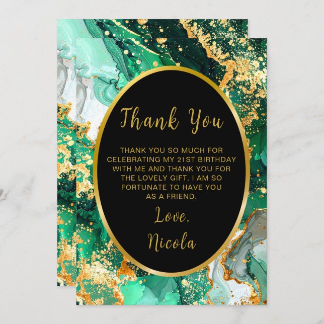 Emerald Green and Gold Marble Agate Birthday Party Thank You Card (Front/Back)