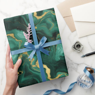 Emerald green and gold marble liquid style pattern wrapping paper
