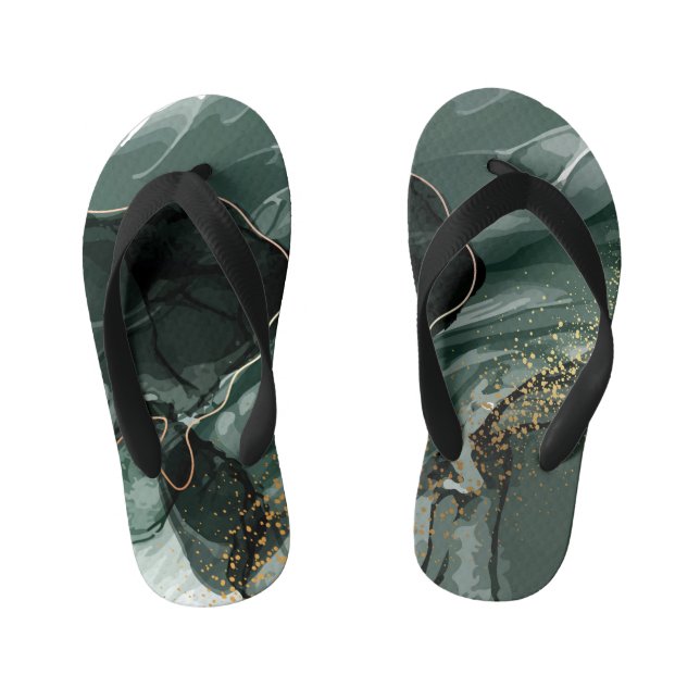Emerald Green and Gold Marble, Marble Background Kid's Jandals (Footbed)