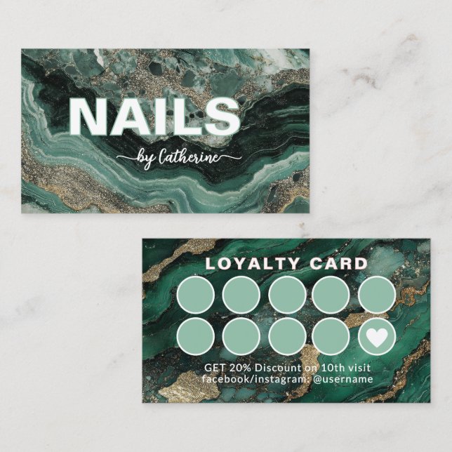 Emerald Green and Gold Marble Script    Loyalty Card (Front/Back)