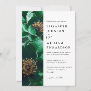 Emerald Green And Gold Modern Floral Photo Wedding Invitation