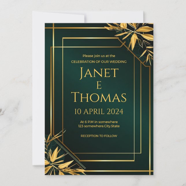Emerald Green and Gold Modern Invitation. Invitation (Front)