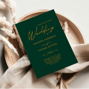 Emerald Green and Gold Modern Typography Wedding Invitation