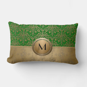 Emerald Green and Gold Monogram Damask Design Lumbar Cushion