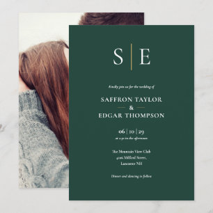 Emerald Green And Gold Monogram Photo Wedding Invitation