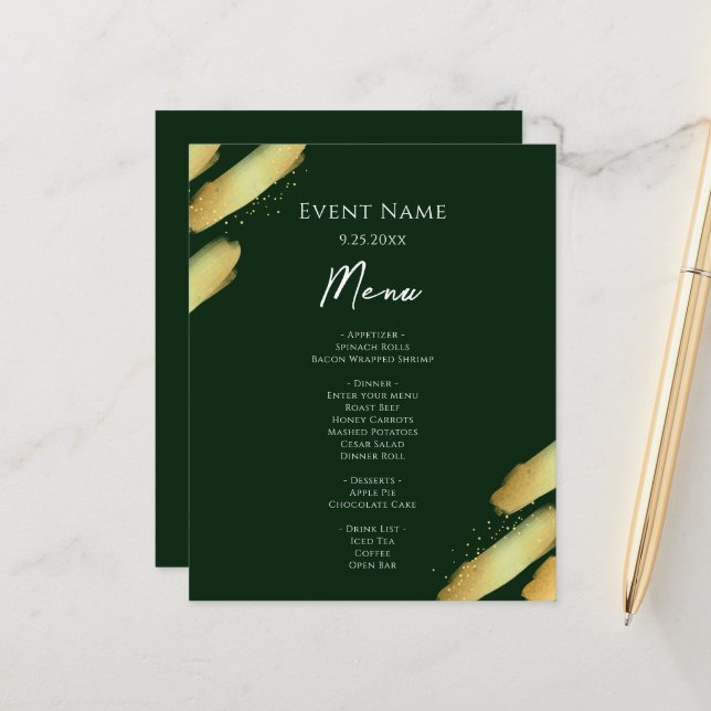 Emerald Green and Gold Paint Budget Event Menu (Front/Back In Situ)