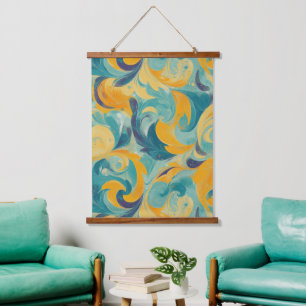 Emerald Green and Gold Paisley-Inspired Abstract Hanging Tapestry