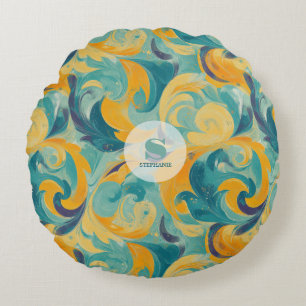 Emerald Green and Gold Paisley-Inspired Abstract Round Cushion