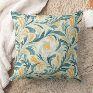 Emerald Green and Gold Paisley Leaf Pattern Cushion