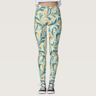 Emerald Green and Gold Paisley Leaf Pattern Leggings