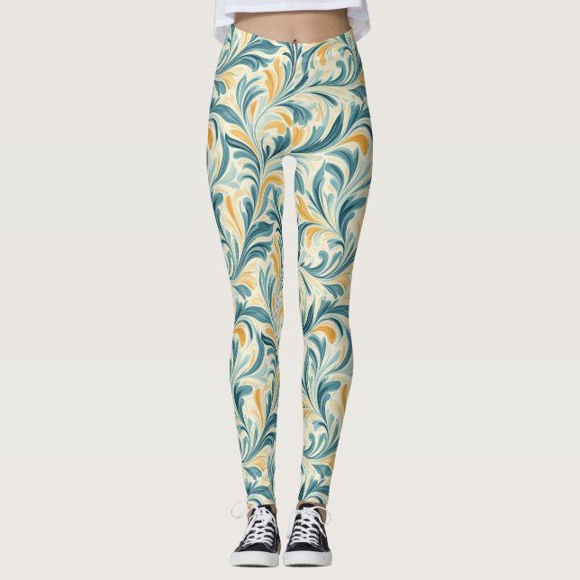 Emerald Green and Gold Paisley Leaf Pattern Leggings (Front)