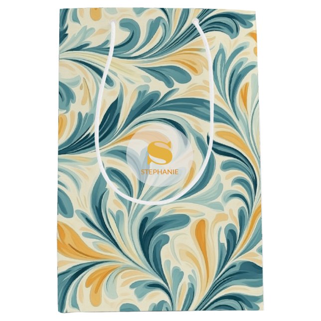 Emerald Green and Gold Paisley Leaf Pattern Medium Gift Bag (Front)