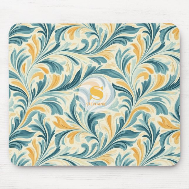 Emerald Green and Gold Paisley Leaf Pattern Mouse Pad (Front)