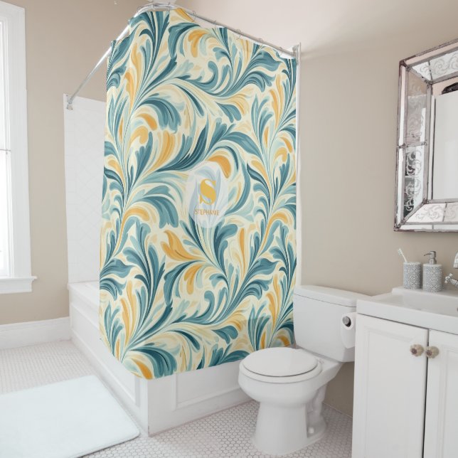 Emerald Green and Gold Paisley Leaf Pattern Shower Curtain (In Situ)