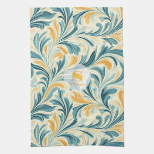 Emerald Green and Gold Paisley Leaf Pattern Tea Towel