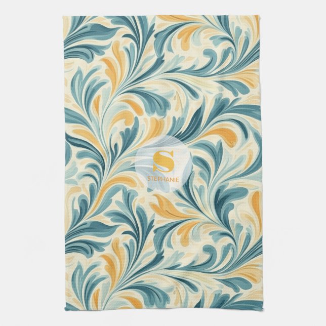 Emerald Green and Gold Paisley Leaf Pattern Tea Towel (Vertical)