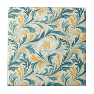 Emerald Green and Gold Paisley Leaf Pattern Tile