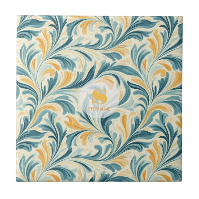 Emerald Green and Gold Paisley Leaf Pattern Tile (Front)